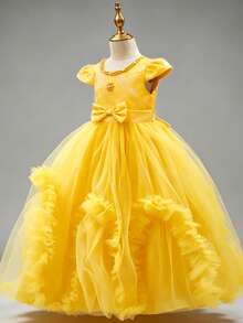 Girls Long Dress, Performance Dress, Flower Girl Wedding Dress, Sweet Princess Dress, Bow Tulle Dress For Wedding, Birthday, All Seasons - Yellow - View 4