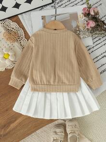 2pcs Infant/Toddler (Girl) Sweet Large Bow Knitted Long Sleeve Top & White Skirt Set, Thin Fabric, Spring/Autumn, Preppy Style - Apricot - View 3
