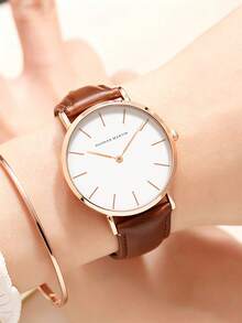 HANNAH MARTIN 1 PC Women's Minimalist Waterproof Quartz Watch, White Dial Leather Strap Fashion Ladies Wrist Watch, Ideal For Daily Commute & Dating - White - View 3