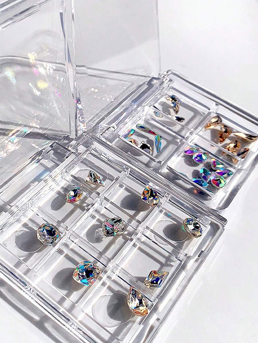 1pc/2pcs 9-Grid Flip Lid Nail Art Accessories Storage Empty Box, Nail Rhinestone Accessories Sorting Organizer Display Tool (Rhinestones Not Included) - Multicolor - View 1