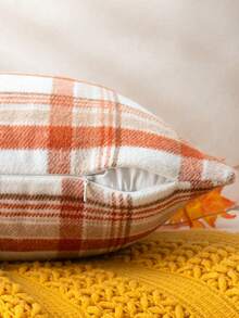 Homemorelove 1/2pcs Plaid Double-Sided Faux Mohair Pillow Case, Hidden Zipper, Suitable For Bedroom, Living Room, Sofa Home Decor, Pillow Insert Not Included, Thanksgiving, Halloween Atmosphere Decorative Pillow Case - Large Orange and White Plaid - View 5