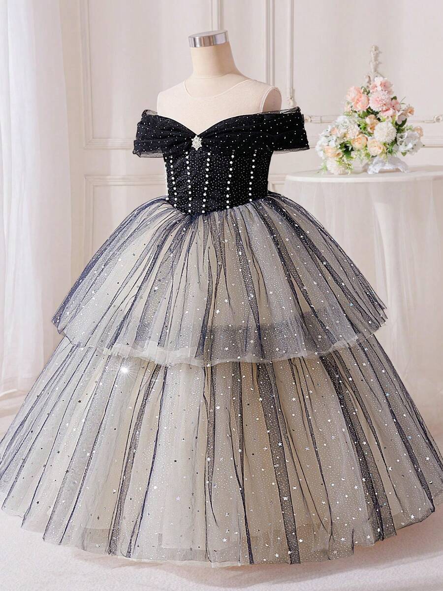 Tween Girls Faux Pearl Glitter Sequin Tulle Puff Ball Gown, Suitable For Graduation Party, Headband Not Included - Multicolor - View 1