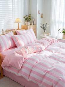2/3 Piece Bedding Set, Home Textiles, Minimalist Style, Pink And White Striped, Comfortable And Breathable Bedding Set, Soft And Anti-Pilling, Without Comforter, Suitable For All Sizes Of Large And Small Beds, All Season, Indoor Decoration - Multicolor - View 7