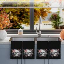 2/4/48pcs Halloween Series Floral Skull Pattern Printed Kitchen Towels - Super Soft, Highly Absorbent Polyester Dishcloths And Hand Towels, Perfect For Holiday Decor, Kitchen Decor, Party Decor. - Multicolor - View 4