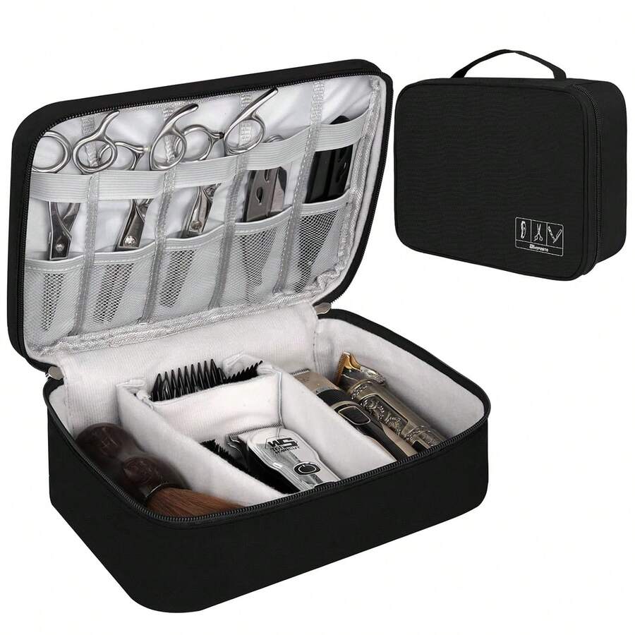 Caja de herramientas/Bolsa de almacenamiento para peluquería (Adecuada para cortadoras eléctricas, tijeras, peines, secadores de pelo y diversos suministros & accesorios de peluquería), Conjunto de accesorios de peluquería profesional, Adecuado para viajes y uso en salones de belleza - Negro - Ver 1