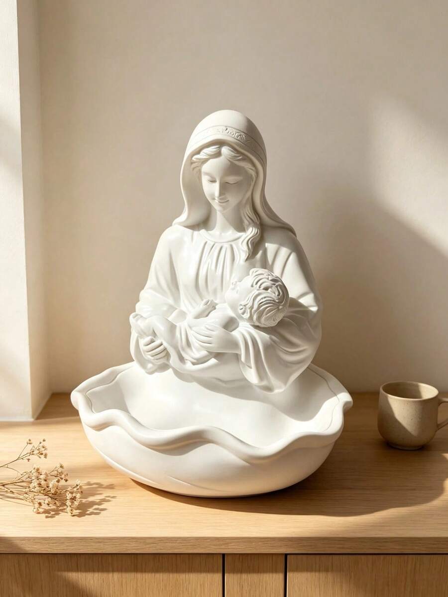 1PCVirgin Mary Holding Baby Jesus Statue Decor Tray, Creative Religious Figurine Storage Bowl, Desktop Ornament For Home Room Decor, Christian Faith Decorative Sculpture - A - View 1