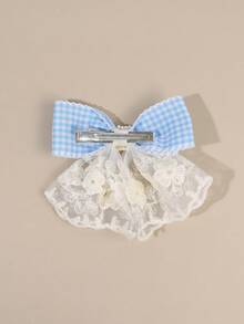 2 pièces pinces à cheveux à nœud en dentelle à carreaux bleus avec décoration de fleur en tulle et grappe de perles, accessoires capillaires doux et mignons pour mariage et usage quotidien pour filles - Multicolore - Voir 6