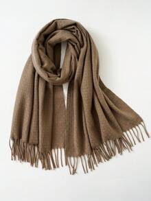 1pc Women's Autumn/Winter Tassel Cashmere Scarf, Solid Color Shawl, 2-In-1 Thick Warm Versatile Neck Warmer - Khaki - View 3