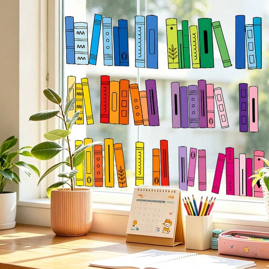 6pcs Reusable Rainbow Cartoon Book Window Stickers, Double-Sided Visible PVC Electrostatic Adsorption Glass Stickers, Suitable For Bedrooms, Studies, Classrooms, Libraries, And Home Decoration. - Multicolor - View 1