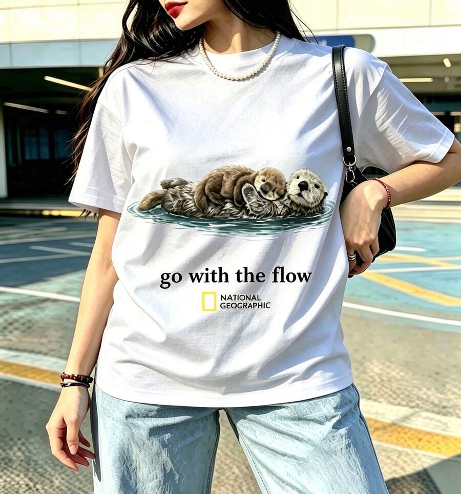 New Arrival 2026: National Geographic Unisex "Go With The Flow" T-Shirt, Loose And Relaxed Style, Soft And Breathable Fabric, 100% Cotton, Fashion For Everyday Wear, Women's Graphic Print T-Shirt. - 白色 - 查看 1