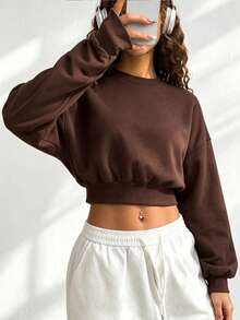 Sweatshirt Pendek Wanita Musim Gugur Terbaru Warna Bumi Polos dengan Bahu Longgar, Atasan Crop Hangat Berlapisan Bulu Domba untuk Olahraga Musim Gugur - Coklat - View 1