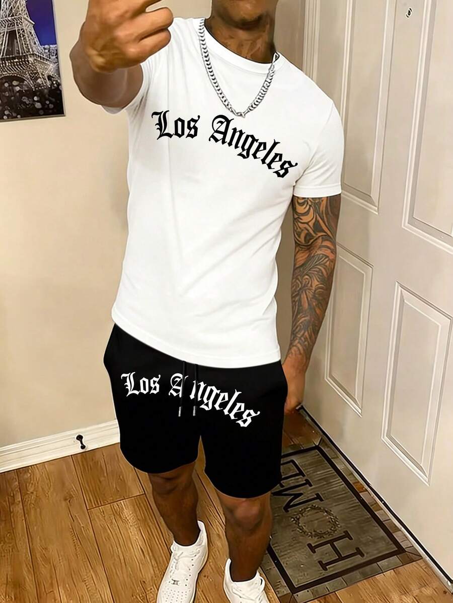 Men's Summer Fashion Los Angeles Short Sleeve T-Shirt And Shorts 2 Pieces Casual Everyday Set - Black and White - View 1