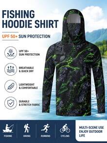 Men's Fishing Hoodie Long Sleeve Shirt, Green & Black Fish Pattern Print Pullover, Outdoor Fishing Style Top - Multicolor - View 1