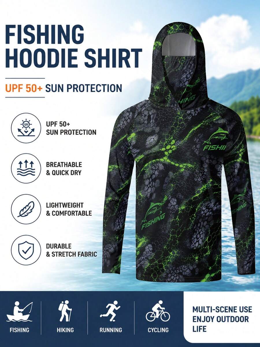 Men's Fishing Hoodie Long Sleeve Shirt, Green & Black Fish Pattern Print Pullover, Outdoor Fishing Style Top - Multicolor - View 1