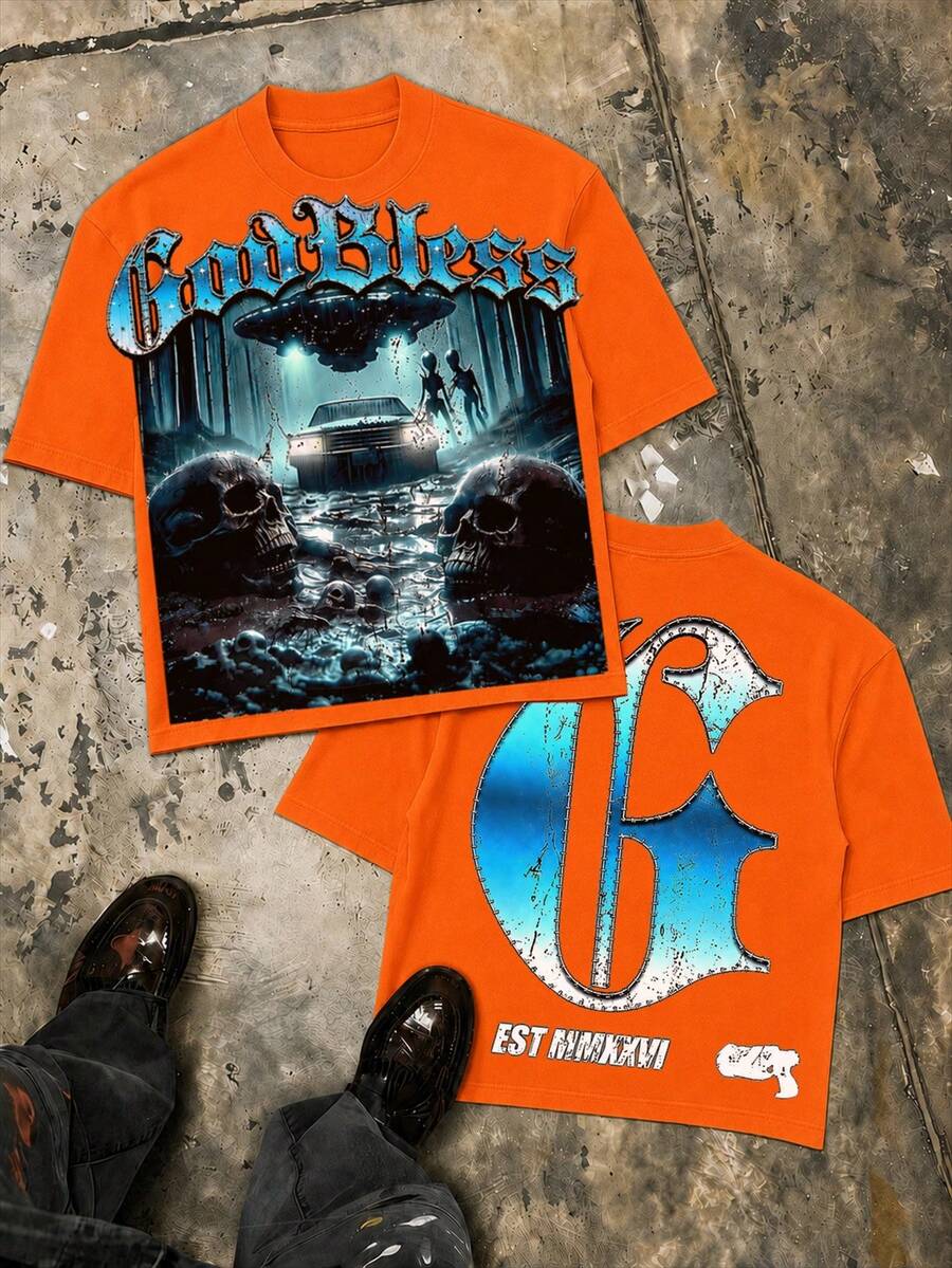 UFO Alien Double Sided Graphic Tee, Oversized Streetwear Summer Unisex Top For Men, Graduation Independence Day Present - 橘色 - 查看 1