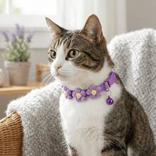 1pc Floral Woven Cat Collar With Bell, Adjustable Anti-Lost, Suitable For Kittens And Adult Cats, Fresh Pastoral Style Photo-Ready Pet Accessory, Material No Choking, Small Gift For Cats, Multiple Colors Available - Multicolor - View 9