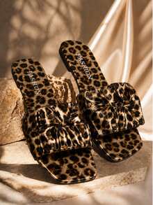Women's Leopard Print Wide Strap Flat Slides, Square Toe Open Toe Summer Vacation Sandals - Brown - View 2