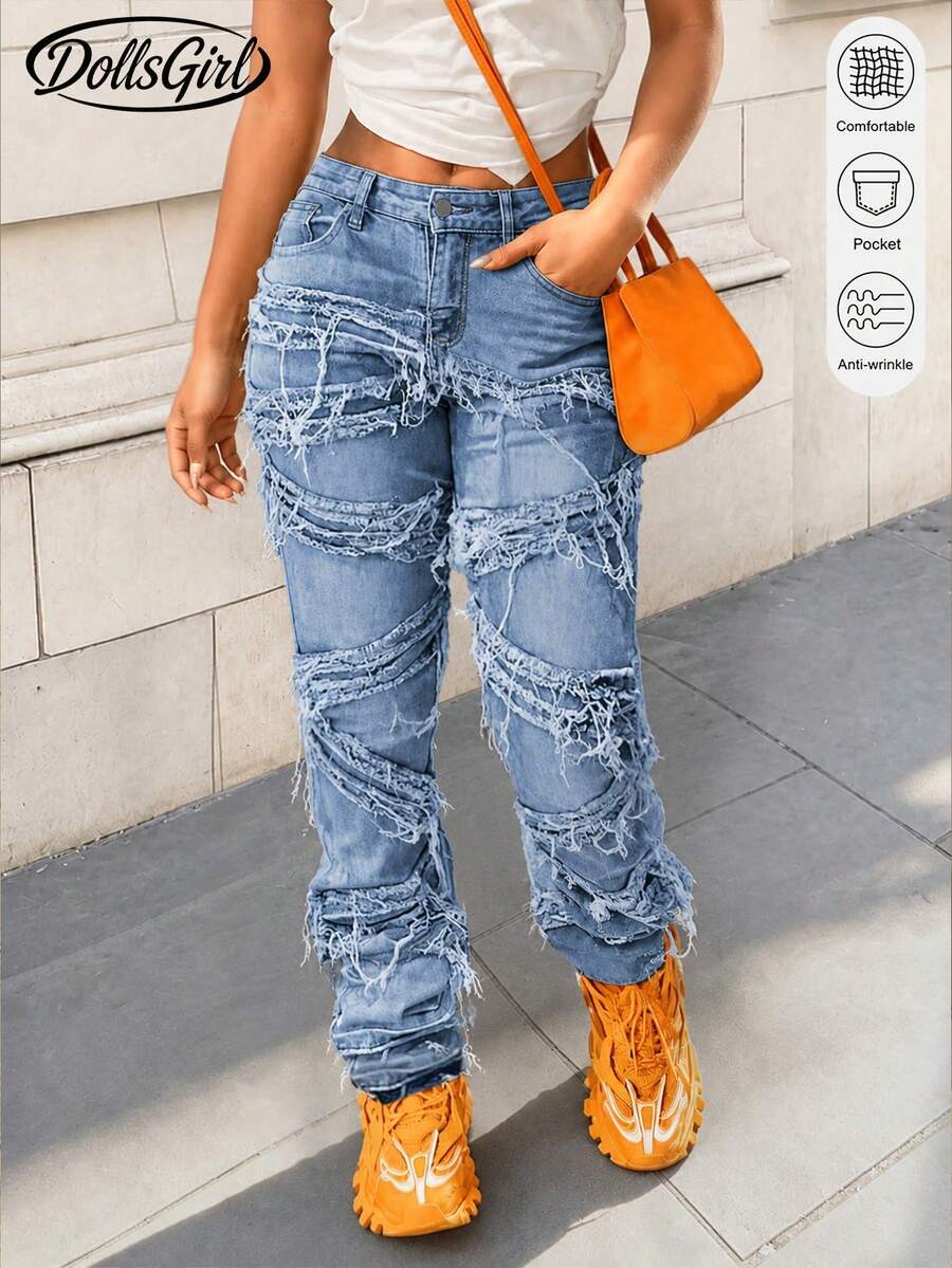 Y2K 90s Street Slant Pocket High Stretchy Distressed Raw Frayed Unique Tassel Design Patchwork Hip Hop Jeans - Blue - View 1