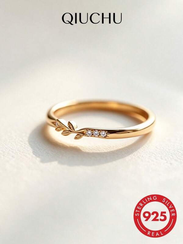 QIUCHU 1 pieza Anillo de rama de olivo de plata de ley S925, anillo de dedo de moda, anillo de cola de rama, elegante y apilable de lujo. Adecuado para el uso diario de las mujeres, citas, reuniones, también es un excelente regalo festivo. Peso neto de plata: 1.3g