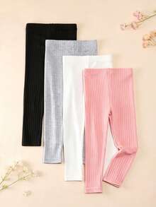 4pcs Girls Solid Color Ribbed Leggings, Classic Color Cropped Length, Versatile For Layering Or Wearing Alone, All Season - Multicolor - View 3