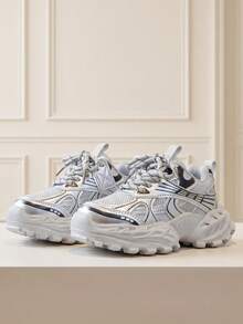 1 Pair 2026 New Kids' Chunky Sneakers, Metallic Texture Patchwork Design, Cool Casual Style, Suitable For Children's Outings And Daily Wear - Grey - View 2