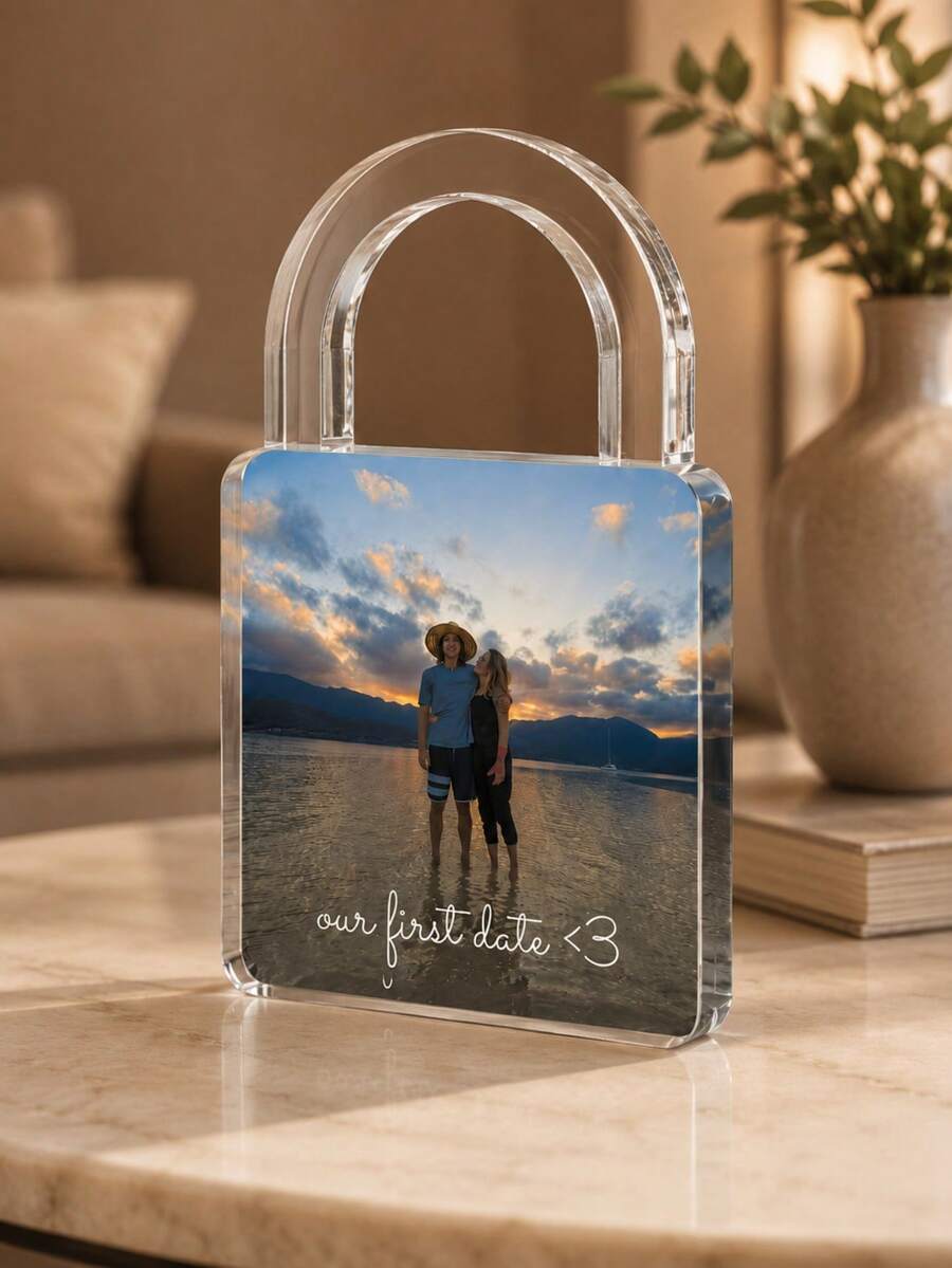 Custom Photo Acrylic Photo Frame Personalized Image Gift, Transparent Lock Shaped Ornament (Can Print Name Text), Couple Wedding Memory Keepsake, Home Decor - Multicolor - View 1