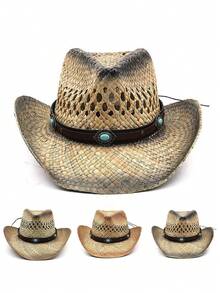 1pc Unisex Leather Belt Metal Decor Gradient Print Western Cowboy Straw Hat, All-Season Fashion Versatile Sun Protection Outdoor Beach Hat, Style - Gem - View 13