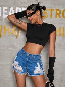 Shorts vaqueros mini con bolsillos diagonales, efecto desgastado y deshilachado, de alta elasticidad, estilo streetwear Y2K rave, ajuste slim, para uso casual en verano - Azul - Ver 5