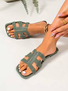 Ximi Ruo Wide Fit Rhinestone Embellished Comfortable Women's Sandals, Korean Style Casual Flat Slip-On Shoes, Summer Outdoor Open Toe Sandals, Spring/Summer New Woven Roman Style, Fashion French Style For Women, Match With Skirts, Beach, Apartment, Brown, Flat, Casual TPU Outdoor Summer - Olive Green - View 7