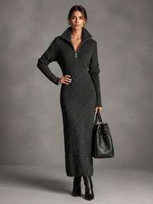 1pc Solid Color Knitted Zipper Women's Sweater Dress, Suitable For Evening Date, Holiday, Office, Autumn/Winter - Dark Grey - View 5