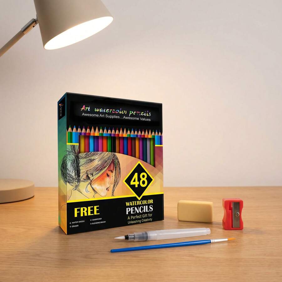 Professional Watercolor Pencils With Brush - 48 Colors - Beautiful Blending Effects With Wet Or Dry - Ideal For Coloring Book - Water Soluble Pencils For Adults - 48 Colors Water Soluble Colored Pencils - View 1