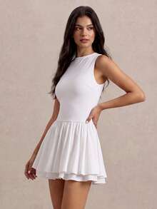 PARTHEA Women Casual Sleeveless Round Neck Mini Dress, Open Back Layered Ruffle Flared Short Dress, White - White - View 3