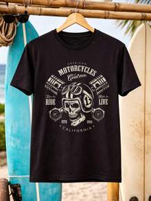 American Motorcycles Custom Skull Graphic T-Shirt 100% Cotton 180 G/M² Crew Neck Breathable Regular Fit Summer Motorcycle Riding Festival - 黑色 - 查看 2