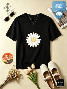 Daisy Fresh Natural Romantic Pastoral Pure Cotton Single Vintage Daisy Line Print Women's Short Sleeve Daily Dating Spring/Summer - 黑色 - 查看 2