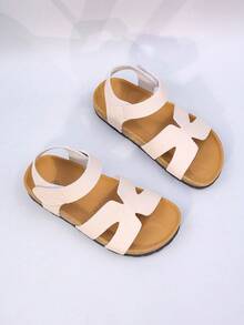 6-15 Years Old Boys' And Girls' Sandals, Solid Color Hook And Loop, Soft Sole Lightweight, Casual Non-Slip, Open Toe, Flat Heel, Minimalist Style, Suitable For Summer Daily/Beach/Play (Size Runs Large, Recommend Choosing One Size Smaller) - Beige - View 3