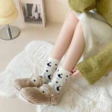 1/2/4/10 Pairs Cute Cow Pattern Plush Socks, Thickened Warm Coral Fleece Socks, Soft And Comfortable - Multicolor - View 3