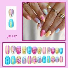 24pcs Round Wearable Nails, Colorful Short Starfish & Fish Pattern Fake Nails, Women's Summer Coffin Nails - 彩色 - 查看 3
