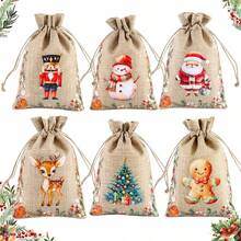 1/6/12/24pcs Festive Christmas Jute Burlap Gift Bags With Drawstring Closure - Watercolor Santa, Snowman, Nutcracker, Gingerbread For Man & Reindeer Designs, Rustic Linen Fabric For Holiday Party Favors, Treat Bags, Jewelry Storage & Xmas Decorations - Multicolor - View 10