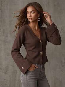Women's Autumn/Winter New French Romantic Casual Versatile Minimalist Elegant Knit Cardigan Top - Brown - View 5