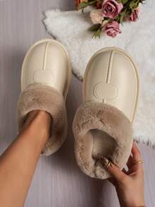 Women's Autumn/Winter Thick Sole Closed Toe Thermal Lined Slip-On House Slippers, Comfortable Warm Soft Indoor Plush Slippers - Beige - View 4