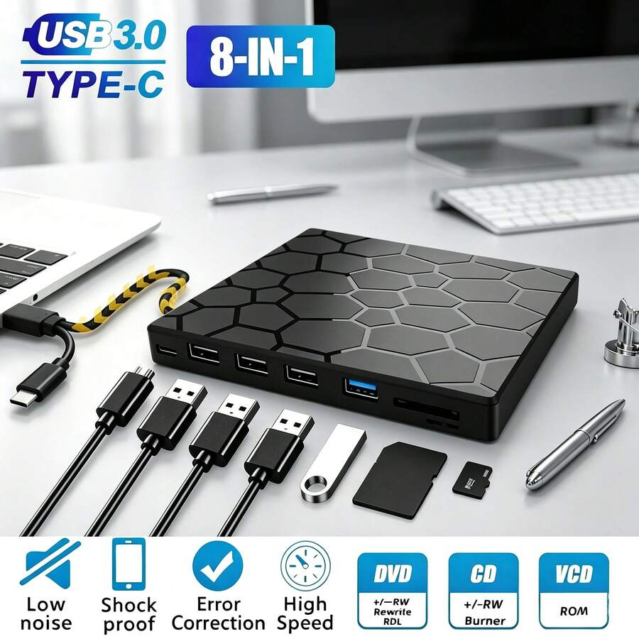 8 In 1 USB 3.0 External CD DVD Drive, Ultra Slim Portable DVD CD Burner With USB Hub & SD Card Reader, Rewritable Optical Disk Drive For Laptop Desktop, Compatible With Windows 11/10/8/7 Linux