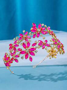 Fuchsia Rhinestone Flower Bridal Headband Wedding Hair Accessories Women Bride Bachelorette Party Prom Pageant Birthday Formal Evening Celebration - Hot Pink - View 6