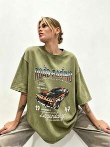 Women's Summer Casual T-Shirt, Y2K Letter & Car Print Round Neck Short Sleeve Crew Neck Tee For Holiday, Vacation, Spring Festival & Graphic Summer - 綠色1 - 查看 6