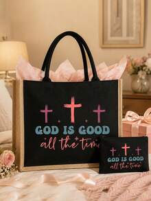 黑色亞麻托特包套組，含「GOD IS GOOD」大號購物托特包與配套拉鍊化妝收納包，靈感聖經金句花卉圖案，大容量托特包適合裝書本、雜貨與日常必需品，拉鍊收納包可存放化妝品、筆、鑰匙與小件個人物品，適合教會活動、日常購物、上學通勤與週末旅行，女性生日與喬遷禮物，返校季適用 - 彩色 - 查看 3
