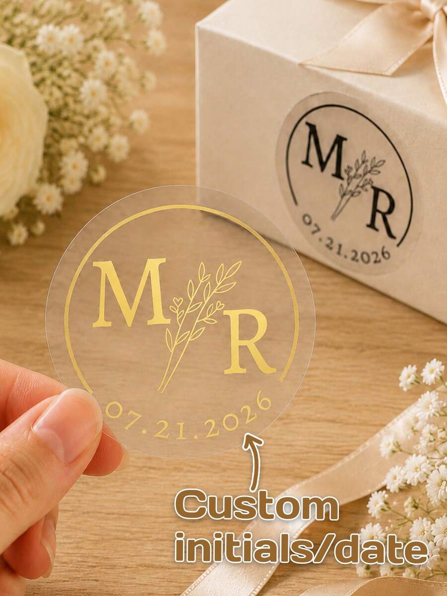 Pegatinas redondas transparentes personalizadas, etiquetas de sello de boda personalizadas, pegatinas de sobre con monograma, etiquetas personalizadas con inicial & fecha, sellos de embalaje de regalo personalizables, boda, aniversario, fiesta de cumpleaños, etiquetas para pequeños negocios - Estilo C - Ver 1