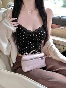 女款波點設計短版細肩帶背心，夏季內搭，修身顯身材，小眾百搭，露背休閒黑色上衣 - 黑色 - 查看 4