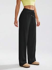 Never me Women's Sports Long Pants With Adjustable Cuffs, Elastic Pockets, Wide Waistband, Drawstring Elastic Waist, Wide Leg - Black - View 4