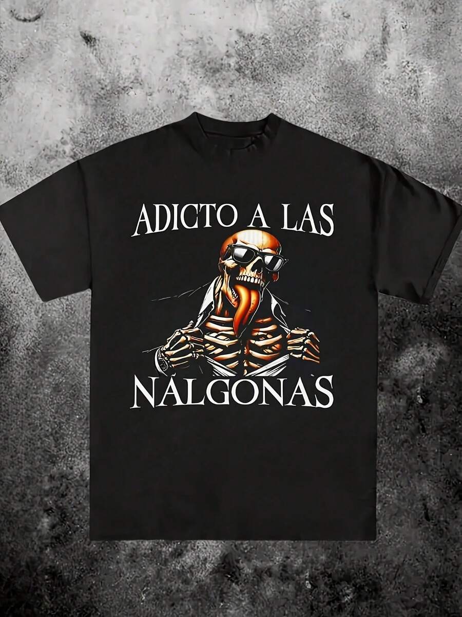 Skeleton Addicted Graphic Men's Adicto A Las Nalgonas Theme 220g T Shirt - 黑色 - 查看 1