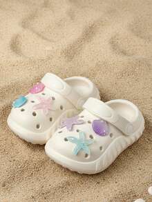HAHABOBO Girls' 3D Starfish And Shell Decor EVA Clogs With Adjustable Heel Strap, Summer Kids' Shoes, Lightweight Beach Sandals - White - View 3