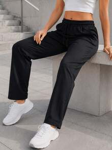 Women's Elastic Waist Drawstring Straight Leg Pants With Side Pockets, Relaxed Full Length Casual Active Trousers For Yoga - Black - View 7